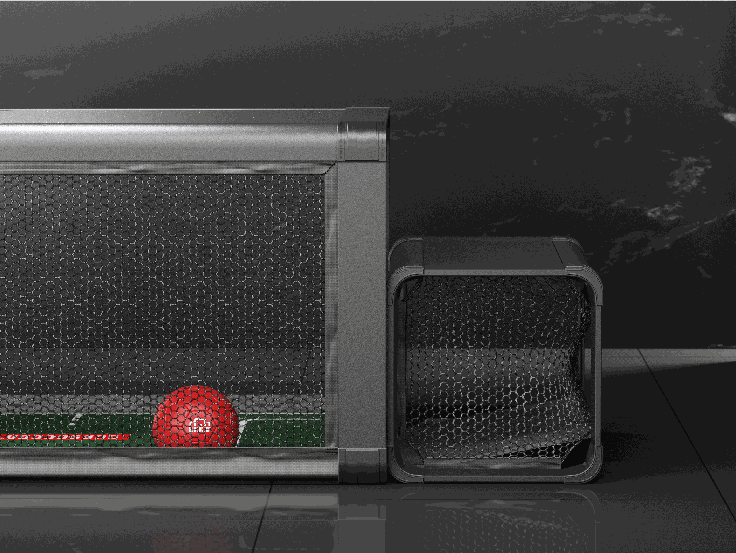 Close-up of Subsoccer S7 goal with red ball inside, showcasing durable and sleek design for indoor and outdoor play.