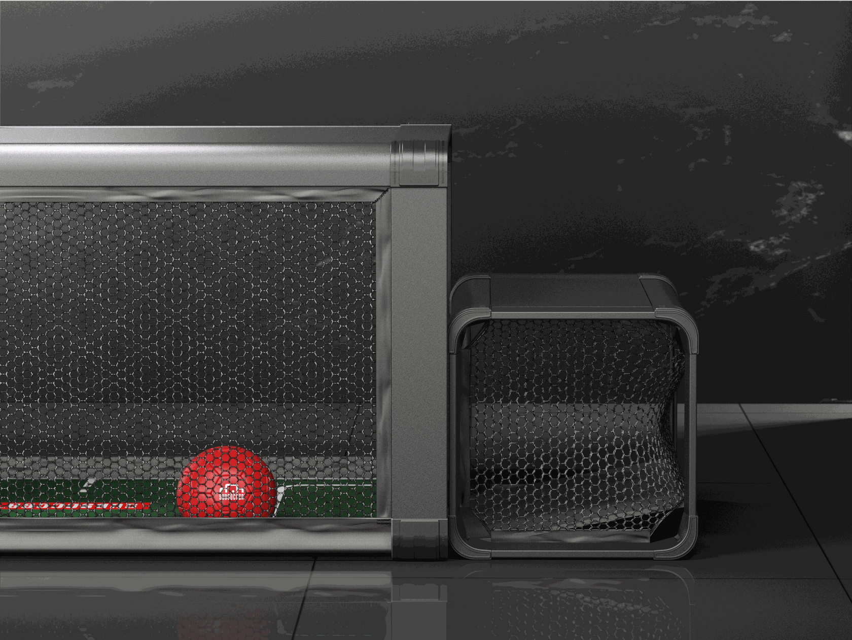 Close-up of Subsoccer S7 goal with red ball inside, showcasing durable and sleek design for indoor and outdoor play.