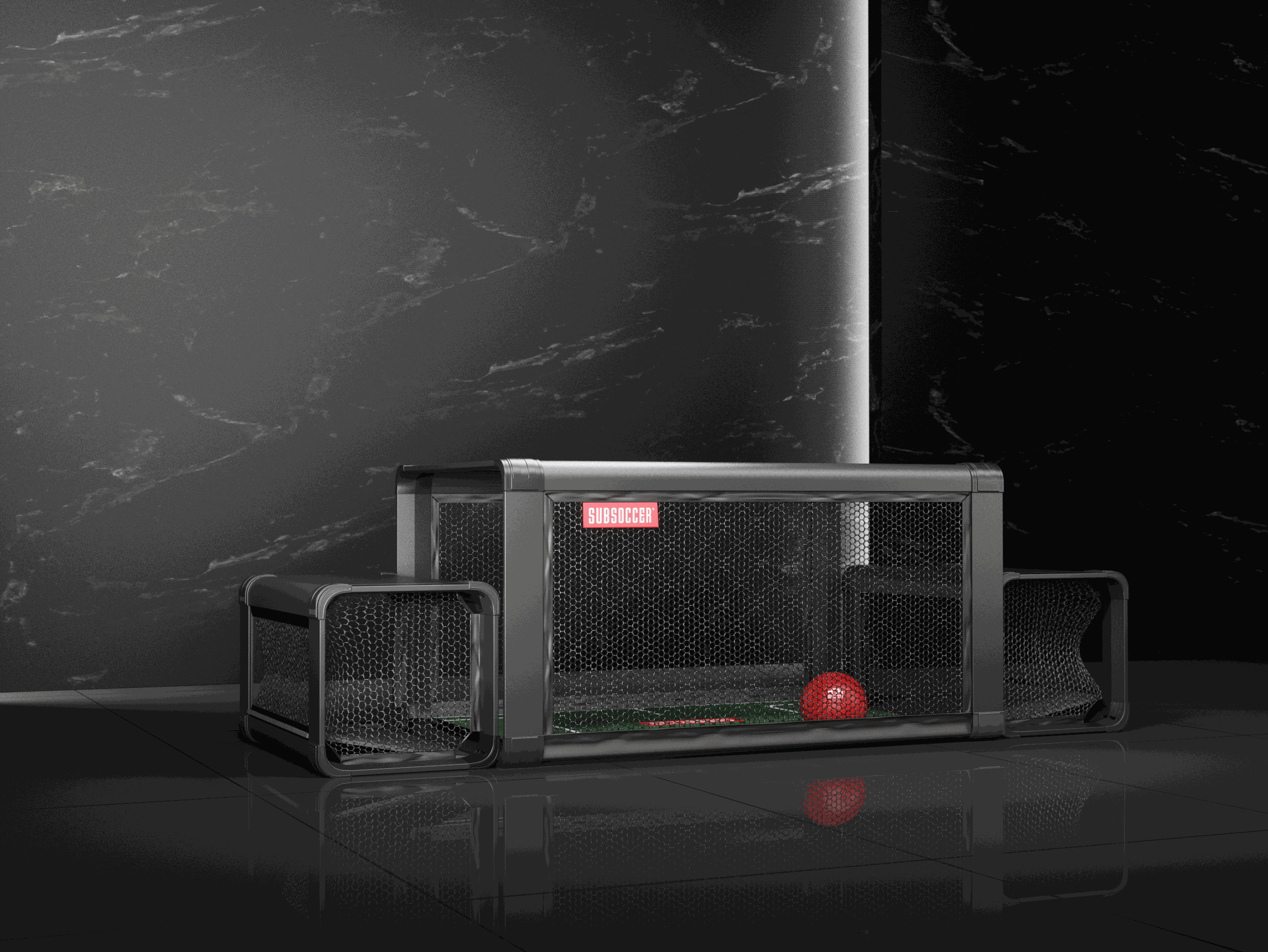 Subsoccer S7 durable indoor outdoor game bench with black frame and red ball on reflective floor