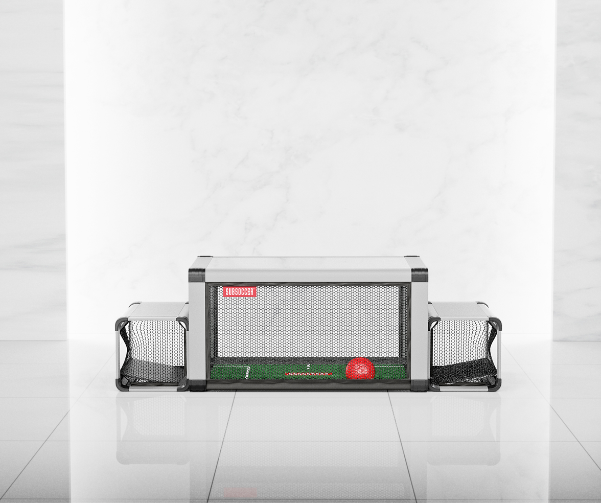 Subsoccer S7 durable subbuteo-style soccer game bench with goals and red ball on green field