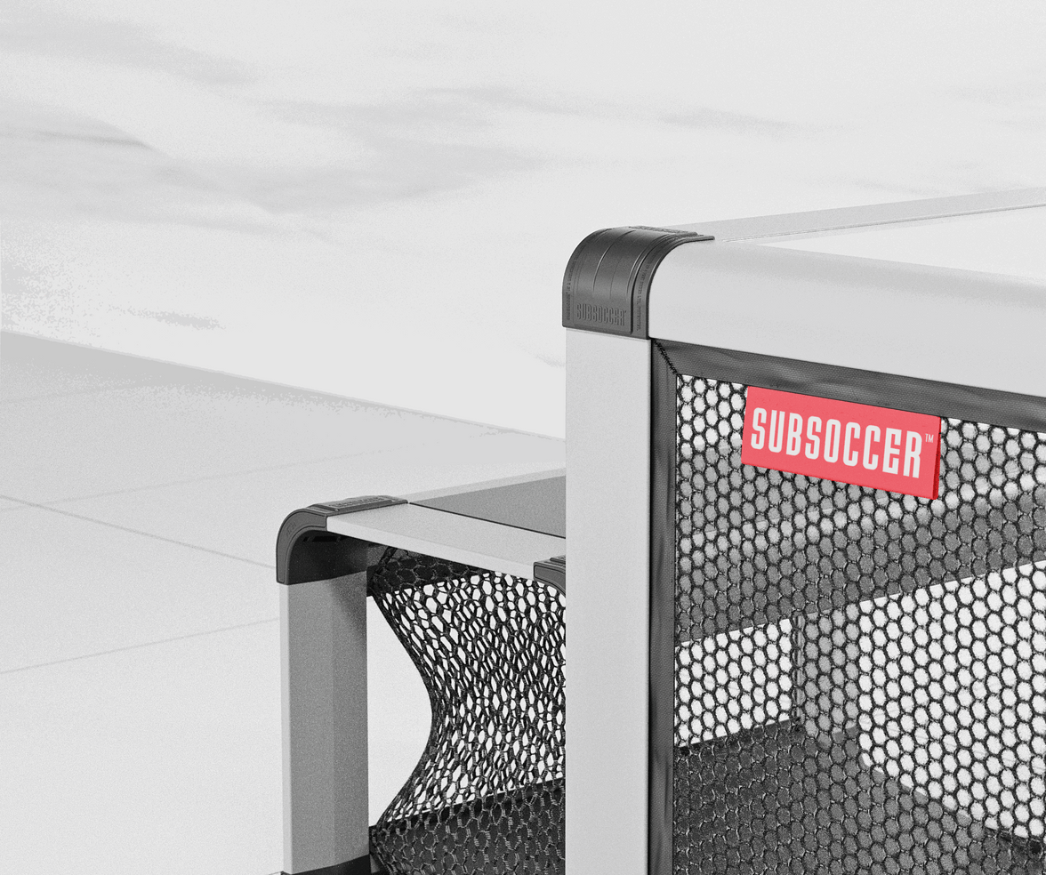 Close-up of durable Subsoccer S7 indoor-outdoor game bench with mesh net and branded label